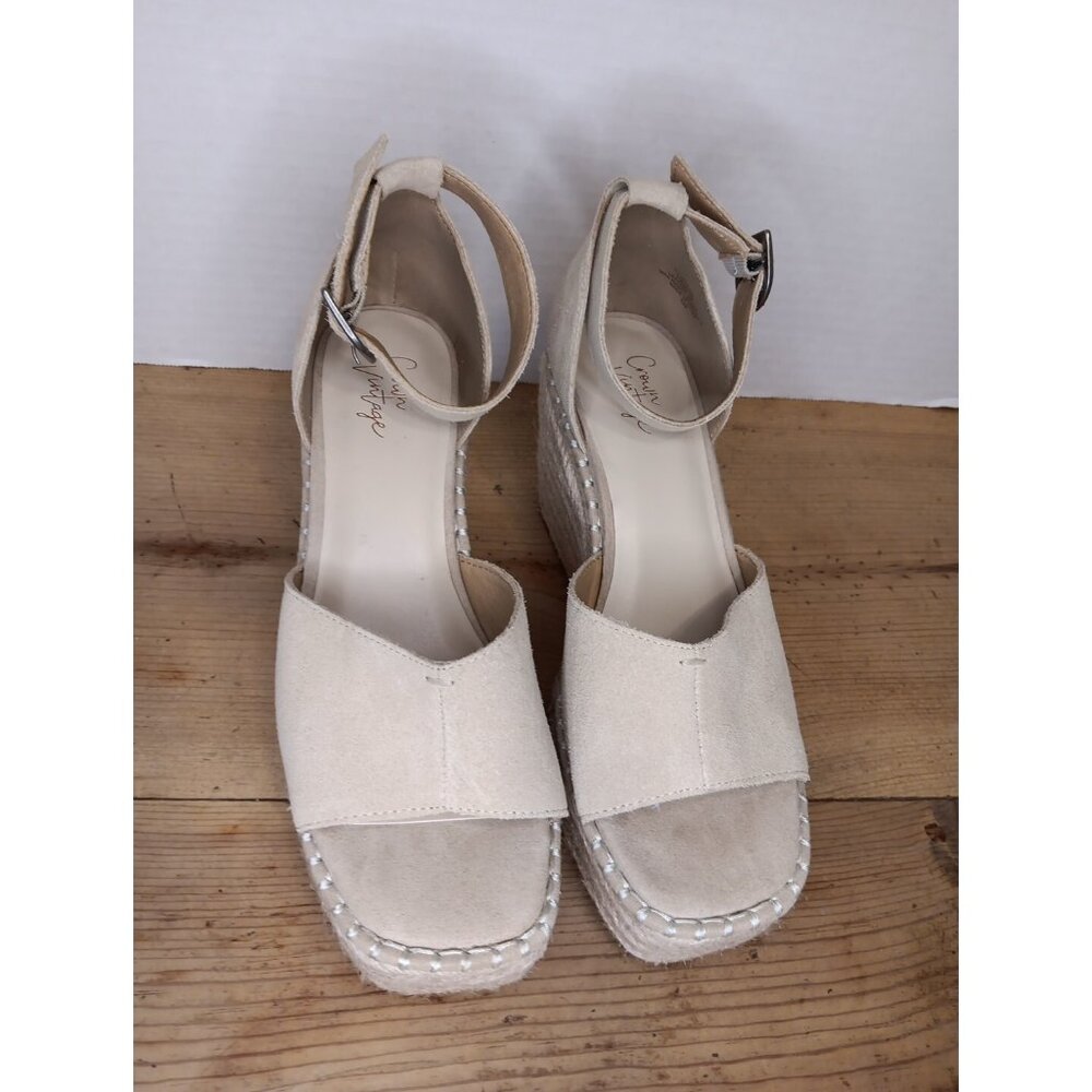 Crown Vintage Jaussie Sandal Sand Women 7.5 M Tan Suede Leather Espadrille Wedge - Picture 2 of 8